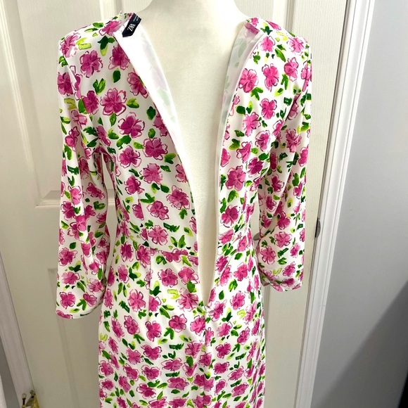 Zara Midi Dress White Floral 3/4 Sleeves and Square Neck Formal Wedding Guest - Picture 10 of 11